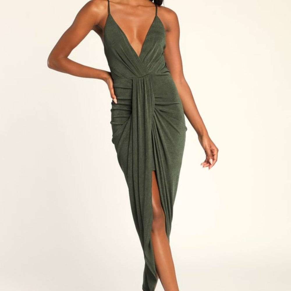 Lulus Dreamy Date Dark Green Surplice Midi Dress - Size M